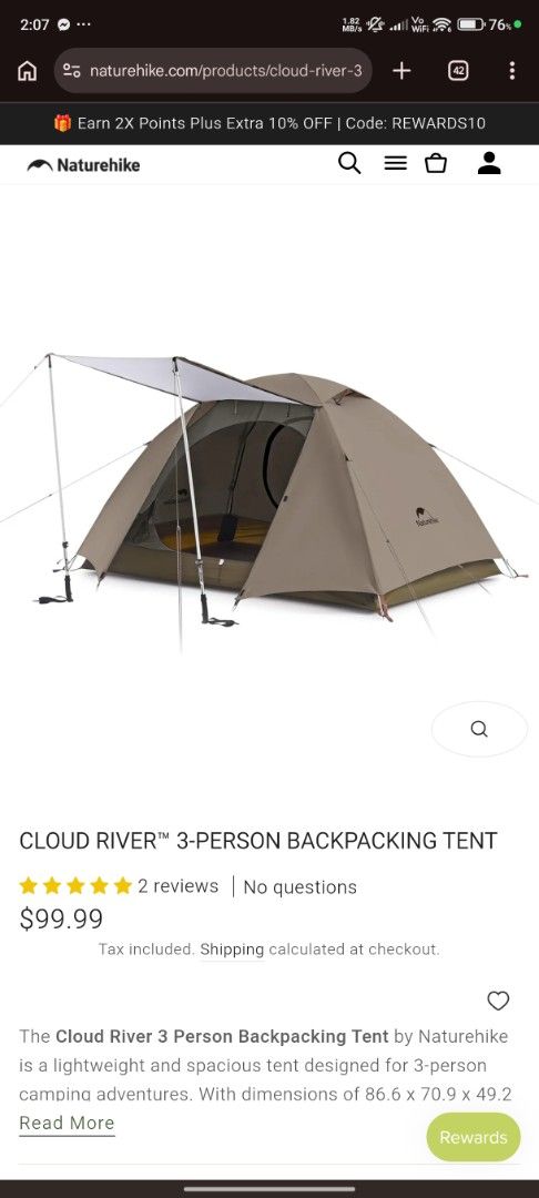 Naturehike Cloud River 3-Person Backpacking Tent (Category: Hiking & Camping) located in General Trias. Submitted by zeegannaba23857 (Listing ID 1466392064, Image 2). Description: Naturehike Cloud River tent, 3-person size. Brown colorway. Built with 210T polyester coated silver material. Weighs 3.1kg with all accessories included. Expand size measures 220x290x125cm, storage size packs down to 52x16x16cm. Great option for camping trips, hiking ad