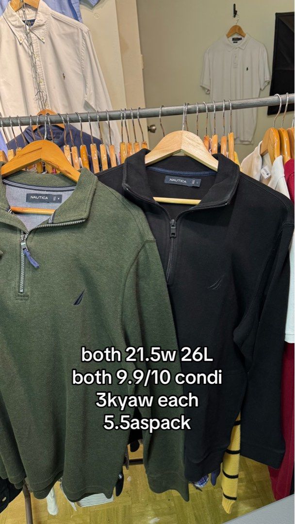Nautica 1/4 Zip Pullover Sweatshirts Green Black (Category: Coats, Jackets and Outerwear) located in San Jose. Submitted by strictlyRL (Listing ID 1466538476, Image 2). Description: - Available Colors: Olive Green and Black - Style: Quarter-zip with mock neck and embroidered chest logo - Measurements: 21.5 inches width x 26 inches length - Condition: 9.9/10, super clean and ready to wear - Purchase Options: Available individually for ₱3.5k each o