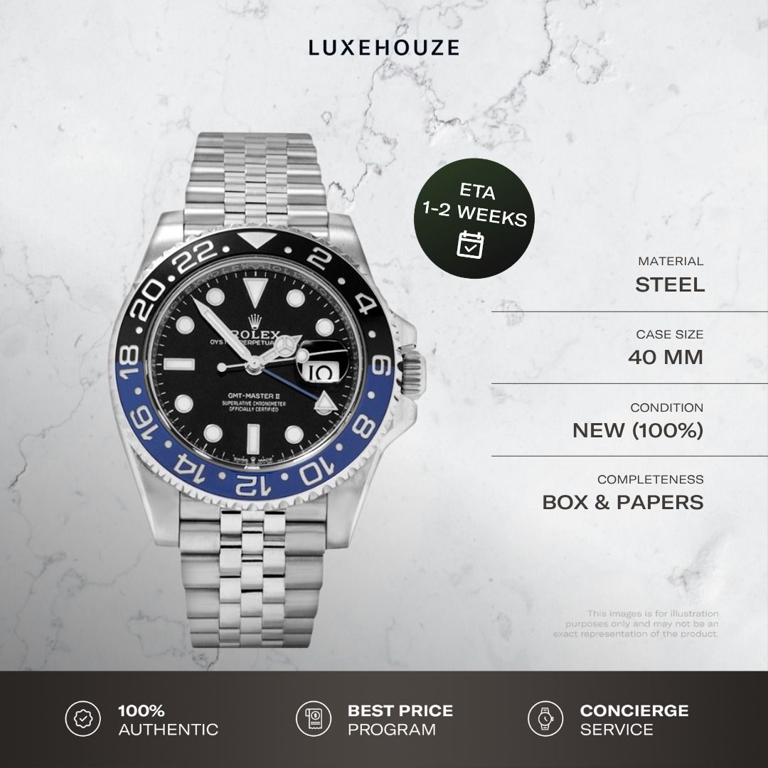 New Mar 2026 Rolex GMT Master II Batman 126710BLNR 126710 Black Dial Jubilee (Category: Watches) located in Singapore. Submitted by luxehouze (Listing ID 1466013124, Image 1). Description: Luxehouze is your trusted marketplace to buy and sell luxury goods. Luxehouze SG Pte Ltd is a licensed luxury goods marketplace and regulated dealer. WHY US? 100% Authentic with Money-Back Guarantee Best Price Program* Curated Collection * T&Cs apply. OUR SERVI