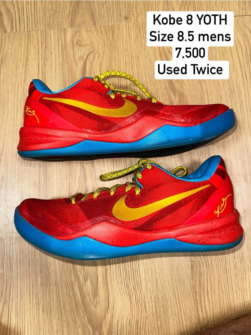 Nike Kobe 8 YOTH Size 8.5 Men's (Category: Sneakers) located in Manila. Submitted by jds_apparel (Listing ID 1466451993, Image 1). Description: - Brand/Model: Nike Kobe 8 Year of the Snake edition - Colorway: Bright red upper, vibrant blue soles, and yellow accents with patterned yellow laces - Size: Men's US 8.5 - Condition: Worn only twice, extremely clean uppers, and crisp outsoles - Best for: Hoop sessions or sneaker collection display - Meet