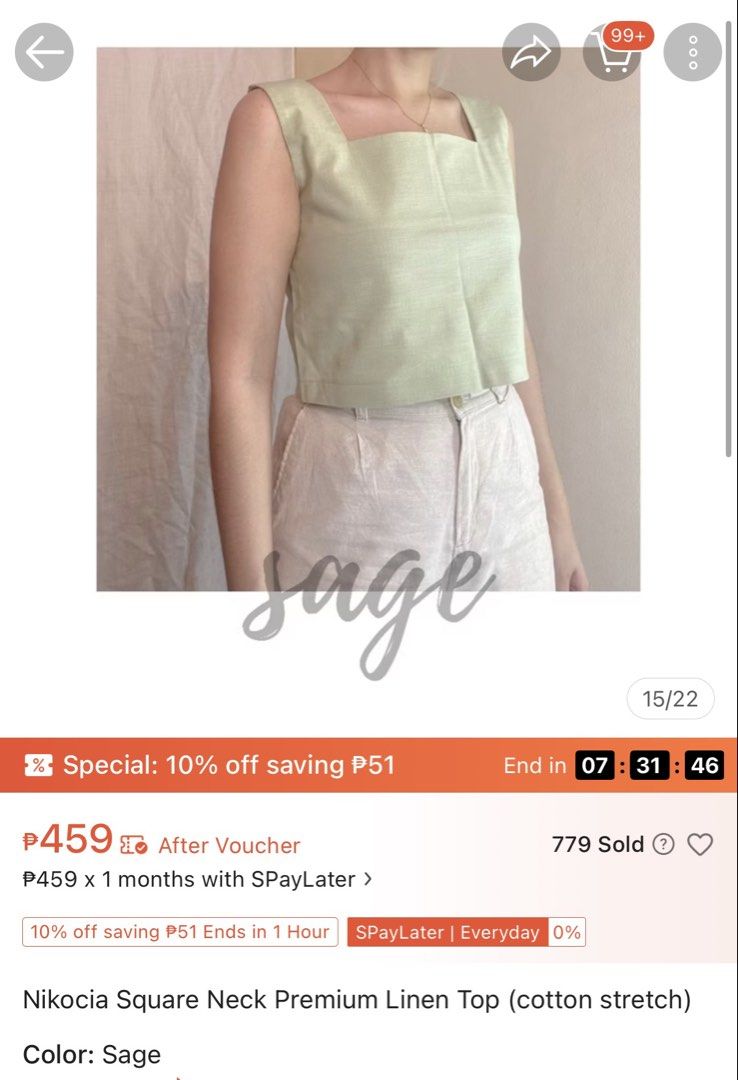 Nikocia Square neck linen top in Sage (Category: Sleeveless) located in Quezon City. Submitted by hazpreloved (Listing ID 1466428048, Image 1). Description: Nikocia linen top in Sage Fits XS-S Discounts for bulk orders Tags: shein, mango, pull & bear, h&m, cotton on.