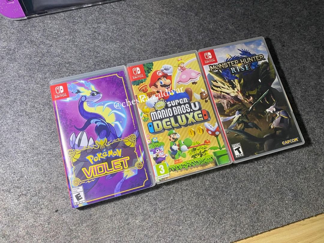 Nintendo Switch Games (Category: Nintendo) located in Paranaque City. Submitted by cheska.zaldivar (Listing ID 1466442895, Image 1). Description: Selling some pre-loved Nintendo Switch games from my personal collection. All games are original, tested, and working. Cases are included as shown in the photos. Price List: New Super Mario Bros. U Deluxe - ₱1,600 Pokemon Violet - ₱1,700 Monster Hunter Rise - ₱1,200 📸 More photos and testing videos are