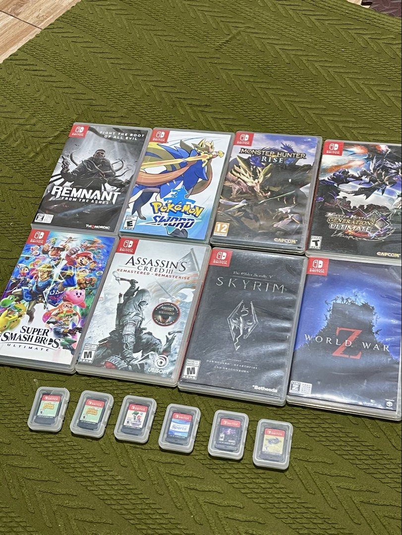 Nintendo Switch Games (Category: Nintendo) located in Bacoor. Submitted by icarusjinzakk (Listing ID 1458934173, Image 1). Description: Switch games good as new condition Pokemon Sword - 1500 Bayonetta 3 (no case) - 1000 Nintendo Switch Sport (no case) - 1500 Monster Hunter Rise - 1000 Monster Hunter Rise (no case) - 800 Monster Hunter Generations - 1000 Assassins Creed 3 - 1000 Animal Crossing (no case) 2pcs - 1500 each 2k take all 2pcs Super Ma
