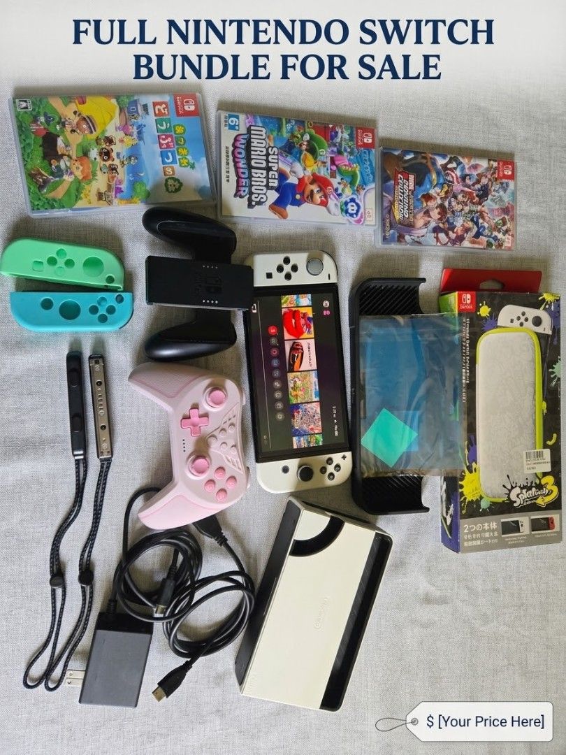 Nintendo Switch OLED Model Bundle with Games and Accessories (Category: Nintendo) located in Urdaneta. Submitted by mhelferna19726 (Listing ID 1466382363, Image 1). Description: - Complete Nintendo Switch OLED setup in pristine condition - Includes White and Black docks - Games included: Animal Crossing: New Horizons, Super Mario Bros. Wonder, and Marvel Ultimate Alliance 3 - Extra controllers: Extra pink wireless controller, plus Turquoise and G