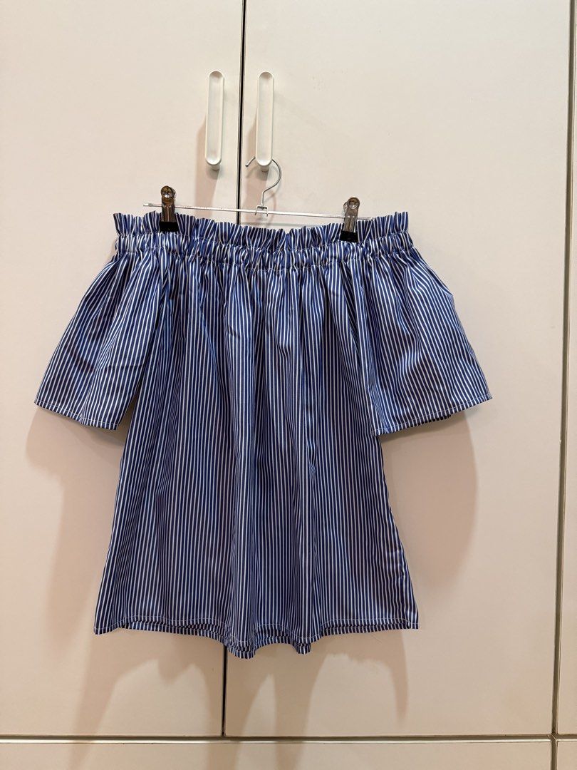 Off-shoulder Blue striped top (Category: Blouses) located in Quezon City. Submitted by hazpreloved (Listing ID 1466416105, Image 1). Description: Off-shoulder top Size M on tag but will fit S Discounts for bulk orders Tags: shein, mango, pull & bear, h&m, cotton on.