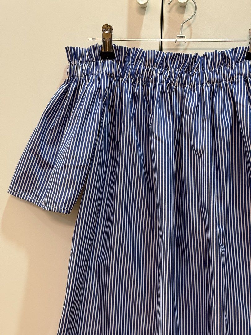 Off-shoulder Blue striped top (Category: Blouses) located in Quezon City. Submitted by hazpreloved (Listing ID 1466416105, Image 2). Description: Off-shoulder top Size M on tag but will fit S Discounts for bulk orders Tags: shein, mango, pull & bear, h&m, cotton on.