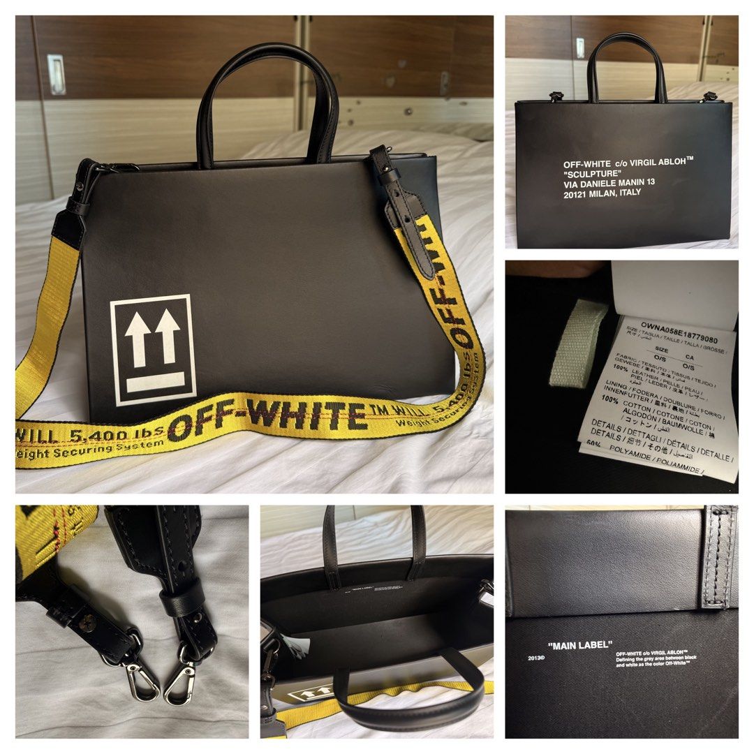 Authentic OFF WHITE Sculpture Leather Tote Bag Black (Category: Tote Bags) located in Taguig. Submitted by _annaq_ (Listing ID 1466376008, Image 1). Description: - Brand: Off-White - Color: Black with iconic white 'Sculpture' lettering on front and arrows graphic on the back - Material: Premium leather with fabric inner lining and interior main label print - Hardware: Heavy-duty hardware with the signature removable yellow industrial strap - Desi