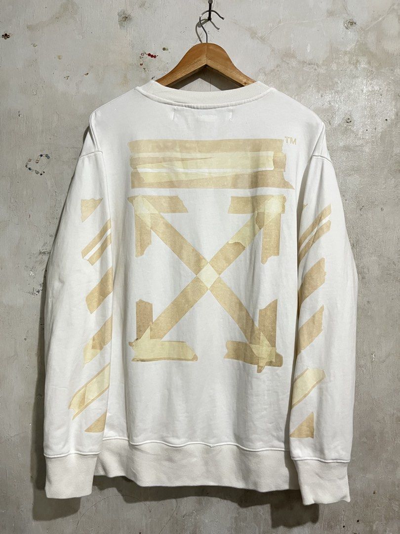 OFF-WHITE Tape Diag Arrows Sweatshirt (Category: Coats, Jackets and Outerwear) located in Santa Cruz. Submitted by thriftgane0.2 (Listing ID 1466385838, Image 2). Description: EXCELLENT CONDITION COLOR RATE-10/10 Issue-1dot stain kita sa last pic none visible L on tag Dimes-25x28 .