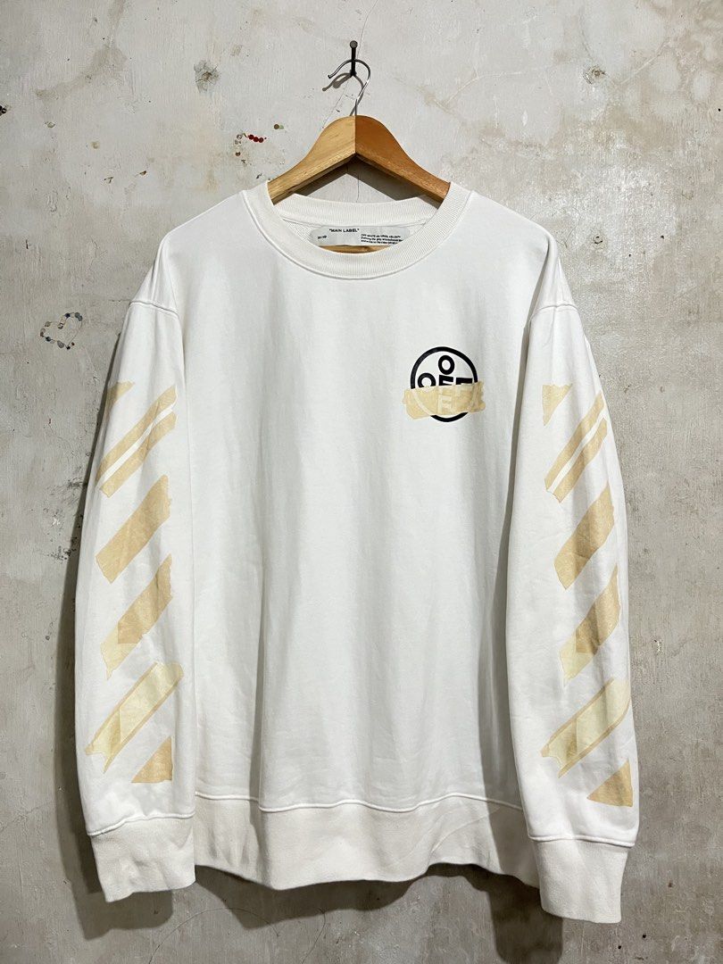 OFF-WHITE Tape Diag Arrows Sweatshirt (Category: Coats, Jackets and Outerwear) located in Santa Cruz. Submitted by thriftgane0.2 (Listing ID 1466385838, Image 1). Description: EXCELLENT CONDITION COLOR RATE-10/10 Issue-1dot stain kita sa last pic none visible L on tag Dimes-25x28 .