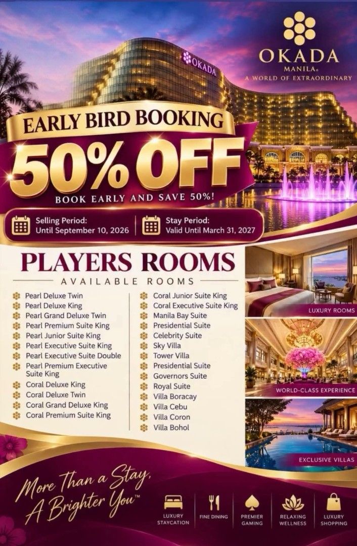Okada staycation 2026 (Category: Room Rentals) located in Manila. Submitted by rev_01 (Listing ID 1466418783, Image 1). Description: 😱OKADA BERMONTHS STAYCATION SUPER SALE!😱 SEPTEMBER • OCTOBER •DECEMBER slots are NOW OPEN! 🏨💖 Experience luxury with your family, friends, or special someone! 🥰 🛁 Jacuzzi inside the room 🏊 Free pool access ⛲ Free fountain show 🛏️ Luxury Pearl Deluxe Twin Room 👨‍👩‍👧‍👦 Good for 4–6 pax ⏰ 20-hour stay 🚨 LI