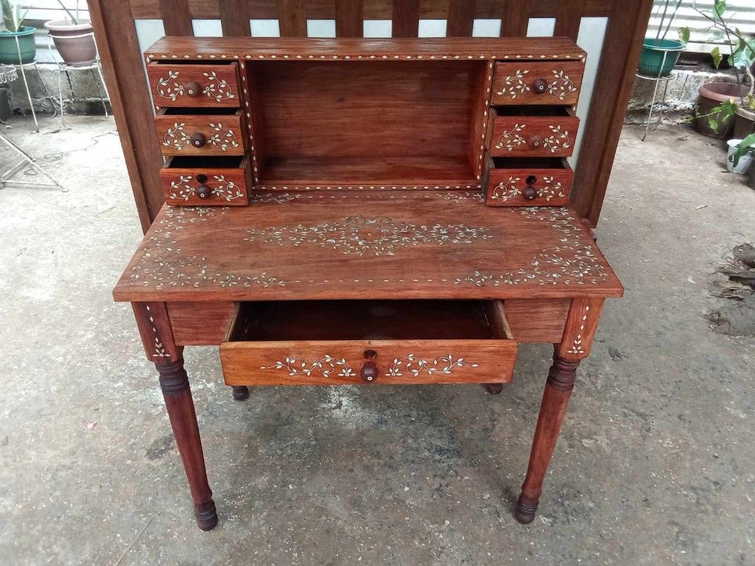 Old Escritorio (Category: Other Home Furniture) located in Rizal. Submitted by mommykiee (Listing ID 1466403606, Image 2). Description: Old Escritorio Made of narra wood except bottom and sides of drawer ply w/ bone inlay Size: L36 W16-22 H30.5-42inch Stripped & varnished.