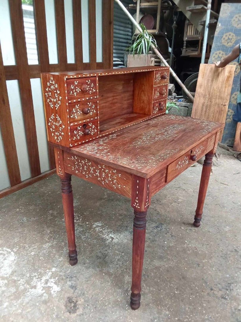 Old Escritorio (Category: Other Home Furniture) located in Rizal. Submitted by mommykiee (Listing ID 1466403606, Image 3). Description: Old Escritorio Made of narra wood except bottom and sides of drawer ply w/ bone inlay Size: L36 W16-22 H30.5-42inch Stripped & varnished.