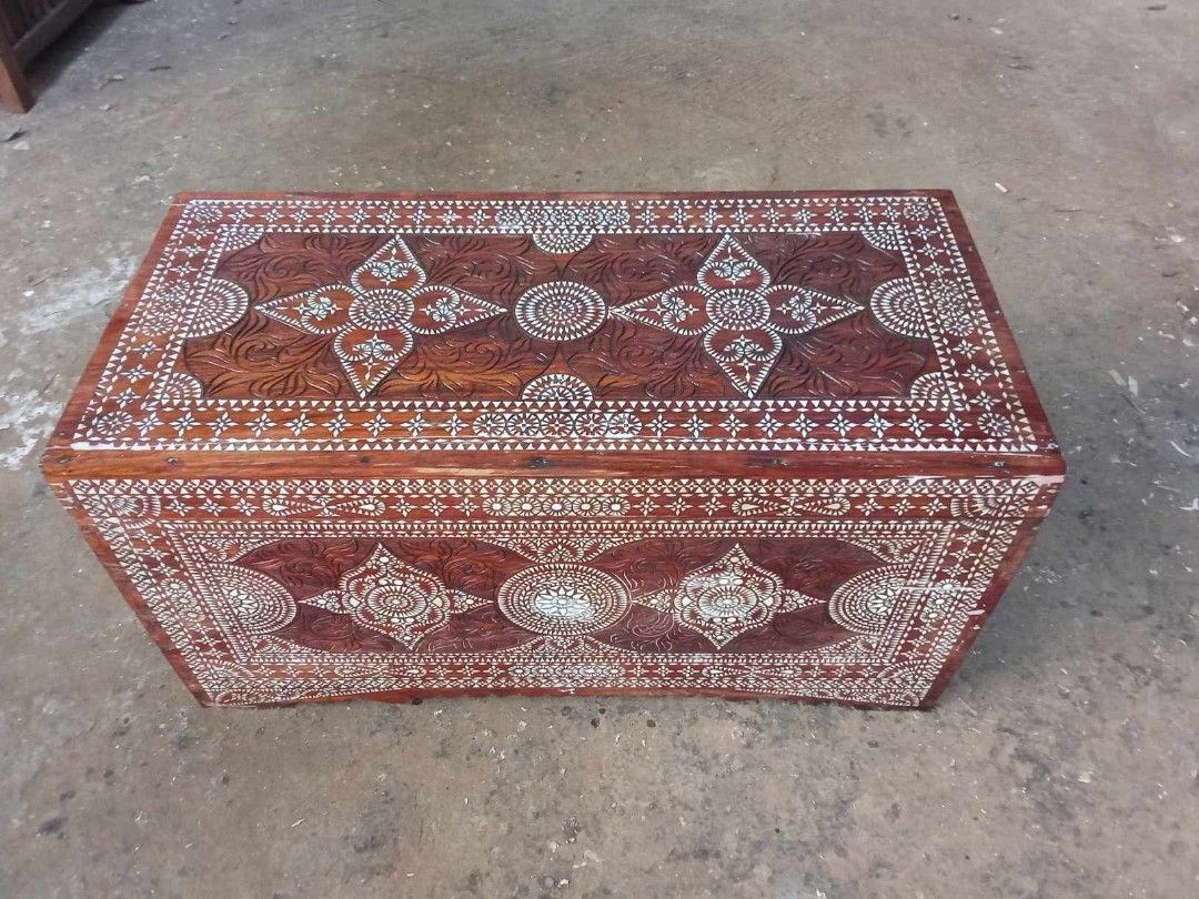 Old Maranao Baul (Category: Storage Boxes & Baskets) located in Rizal. Submitted by mommykiee (Listing ID 1466437325, Image 1). Description: Old Maranao Baul Made of narra wood with bone inlay Size: L34 W17 H17inch. Stripped & varnished Issue: missing inlay replaced with polytuff.