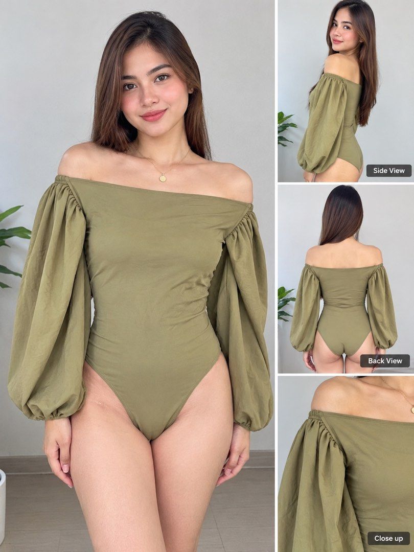 Olive Green Off-Shoulder Puff Sleeve Bodysuit (Category: Blouses) located in Manila. Submitted by starbalesukandjapansurplus (Listing ID 1466474192, Image 1). Description: - Color: Olive green - Style: Off-shoulder bodysuit with elastic band - Sleeves: Long puff sleeves - Bottom: High-cut style - Material: Smooth, comfortable fabric - Perfect for: Night outs, easily paired with jeans or skirts.