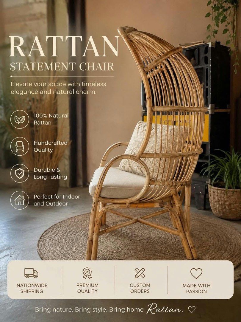 ON HAND Rattan statement chair ( Cocoon design ) (Category: Chairs) located in Paranaque City. Submitted by FLess.ph (Listing ID 1466405528, Image 1). Description: Dimension 5FT HEIGHT 30 INCHES SEAT AREA COMES WITH SEAT CUSHION ALREADY YOU MAY CHOOSE ANY COLOUR OF SEAT COVER YOU WANT 🫶 .
