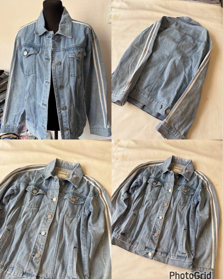 One Trip Light Wash Denim Jacket With White Stripes (Category: Coats, Jackets and Outerwear) located in Manila. Submitted by mpt99876 (Listing ID 1466518841, Image 1). Description: - Brand: One Trip - Style: Light wash denim jacket with sporty double white stripes on both sleeves - Fit: Relaxed fit through the torso and sleeves for easy layering - Features: Classic collar, metal button-up front, dual chest pockets, and side welt pockets - Conditi