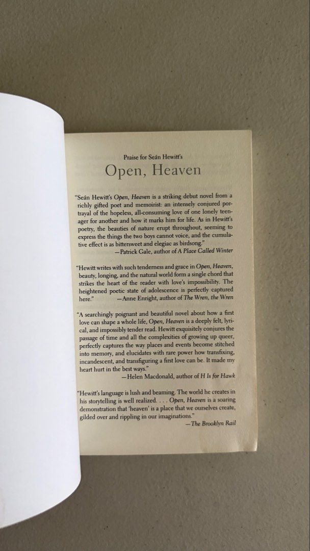 Open, Heaven by Sean Hewitt (Category: Storybooks) located in Binan City. Submitted by greatreads (Listing ID 1466367185, Image 2). Description: This book is preloved. It has pen underlinings. Final price is posted..