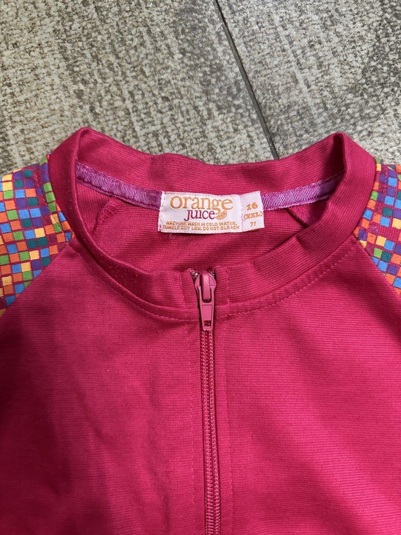 Orange Juice Pink Zip Jacket with Pixel Pattern (Category: Coats, Jackets and Outerwear) located in Manila. Submitted by jochelle2468 (Listing ID 1466431584, Image 3). Description: - Brand: Orange Juice -NEED IRONING -NO ISSUE OR DAMAGE Size: Small perfect for age 7 and up! Bright pink with pixel mosaic pattern on sleeves. Full front zipper. Negotiable ₱250.