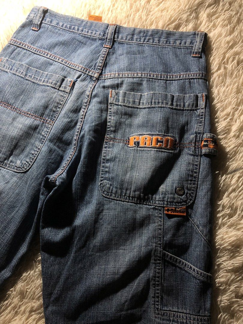 Paco Jeans Carpenter Jorts (Category: Shorts) located in Maria Aurora. Submitted by kylerikathriftshop101010 (Listing ID 1466509882, Image 1). Description: 33 waist 23 length 11 hem issues: konting tahi sa pocket- Brand/Style: Vintage Paco Jeans denim cargo shorts - Wash: Classic blue wash - Material: 100% heavy-duty cotton - Details: Contrast orange stitching, embroidered logo patch on back pocket - Utility: Multiple cargo pockets and side hamme