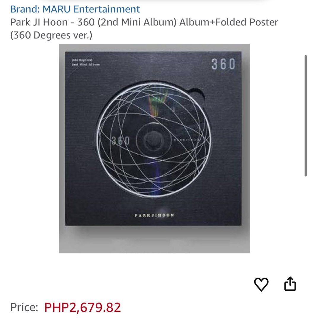 Park Ji Hoon 360 2nd Mini Album Set (Category: CDs & DVDs) located in Manila. Submitted by starbalesukandjapansurplus (Listing ID 1466501314, Image 1). Description: - Park Ji Hoon 360 2nd Mini Album Bundle (Black & White versions) - Brand new and factory sealed in original plastic - Official Maru Entertainment release - Tracklist: I AM, 360, Whistle, Hurricane, Casiopeia, Still Love You, Strange.