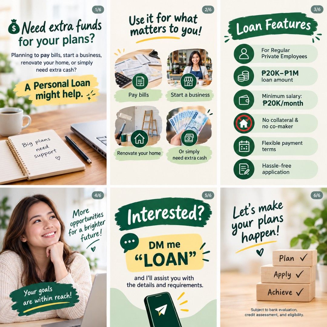 Personal Loans (No COLLATERAL AND CO-MAKER) (Category: Announcements) located in Manila. Submitted by grandforest_029fc6 (Listing ID 1466425055, Image 1). Description: 💸 Need extra funds for your plans? Planning to pay bills, start a business, renovate your home, or simply need extra cash? A Personal Loan might help. ✨ ✅ For Regular Private Employees ✅ ₱20K–₱1M loan amount ✅ Minimum salary: ₱20K/month ✅ No collateral & no co-maker ✅ Flexible pay