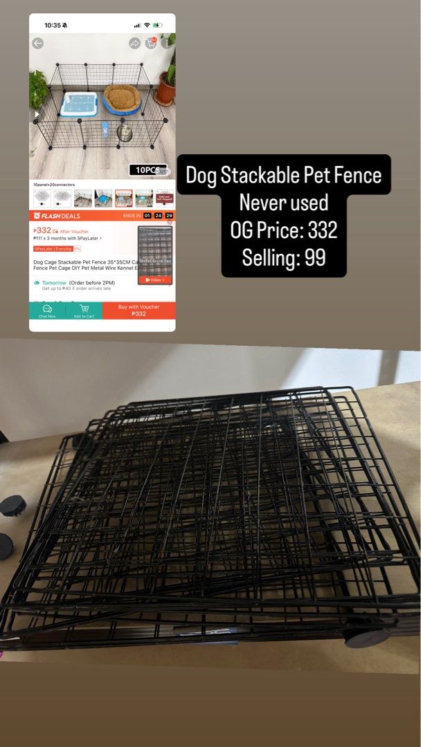 Pet Stackable Fence (Category: Home Improvement Tools & Accessories) located in Manila. Submitted by gklzg (Listing ID 1466360435, Image 1). Description: - Brand new, never used, still packed up - Original Price: ₱332 | Selling Price: ₱99 - Ideal enclosure for puppies and small pets - Modular black wire panels can be configured into different shapes - Super easy to set up, take down, and store.