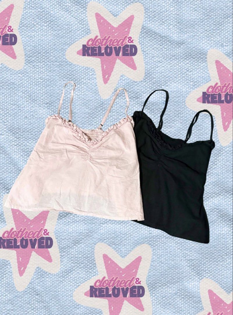 Pink and Black Ruffle Top Set (Category: Sleeveless) located in Binan City. Submitted by szummie (Listing ID 1466467636, Image 1). Description: - Includes 2 camisole tops: 1 light pink and 1 black - Cute ruffle trim neckline - Soft and comfortable material.