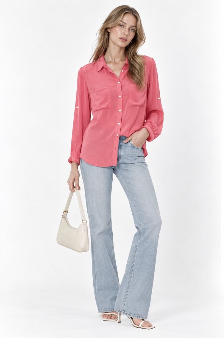 Pink Button-Down Long Sleeve Shirt not zara (Category: Longsleeves) located in Quezon City. Submitted by bushia.preloved (Listing ID 1466458396, Image 1). Description: - Color: Vibrant pink - Style: Long sleeves with roll-tab option, button-up front, and collared neckline - Details: Features convenient front chest pockets - Fabric: Lightweight and drapes nicely for all-day comfort Loc South Triangle, QC - Shipping via lalamove, grab or j&t Mode o
