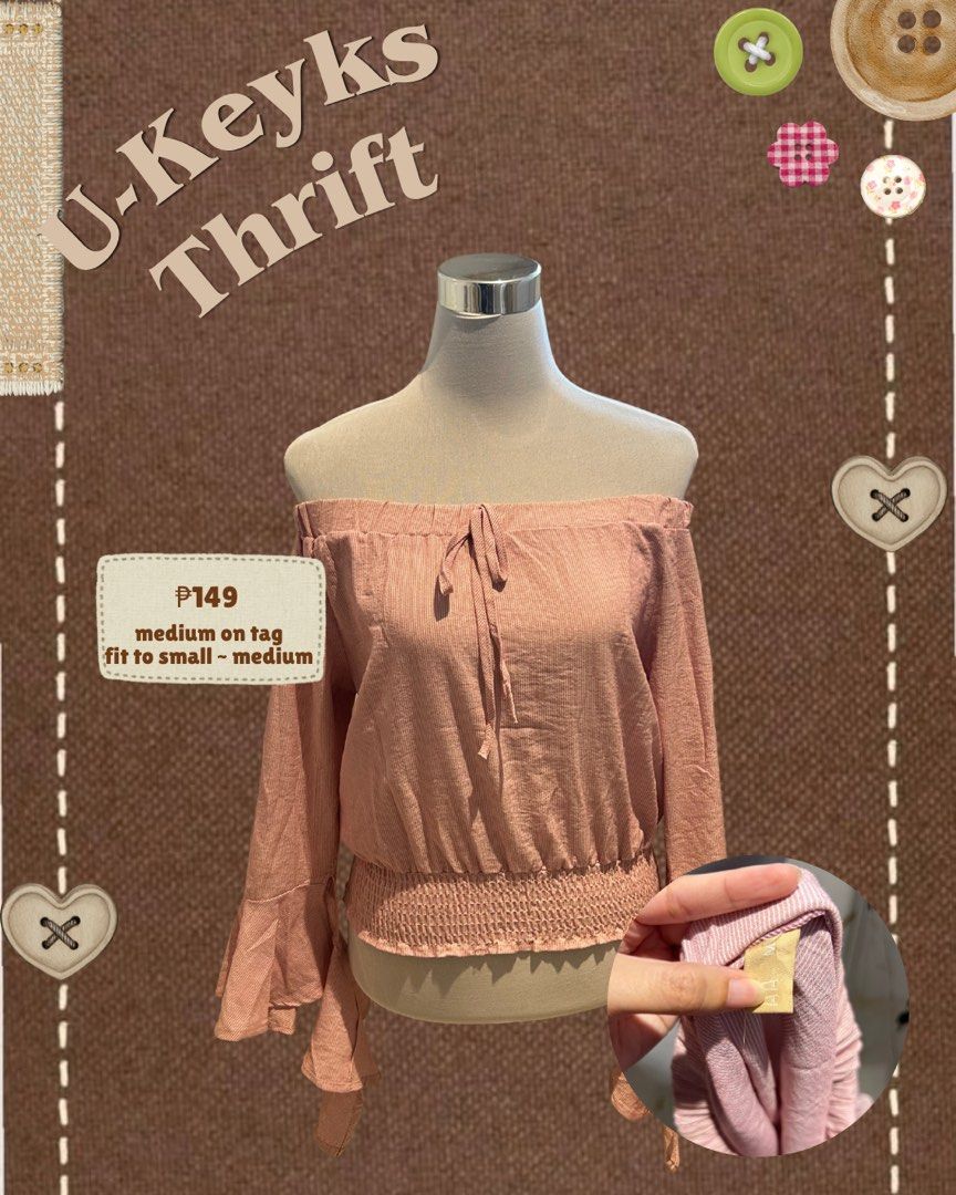 Pink Off-Shoulder Bell Sleeve Top (Small ~ Medium) (Category: Blouses) located in Cavite. Submitted by ukeyks (Listing ID 1465490594, Image 1). Description: - Color: Dusty pink - Design: Off-shoulder with front tie detail - Sleeves: Long bell sleeves with hanging ties - Waist: Smocked and stretchy hemline - Fabric: Lightweight and textured - size: small ~ medium .