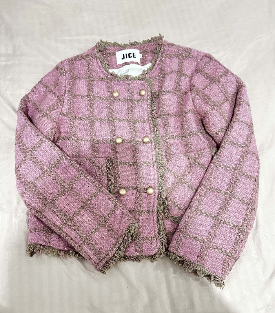 Pink Tweed Checkered Jacket Double Breasted (Category: Coats, Jackets and Outerwear) located in Manila. Submitted by everythingsale101 (Listing ID 1466447153, Image 1). Description: - Pink tweed jacket with brown checkered pattern - Double-breast front closure with round gold-toned buttons - Stylish textured fringe trim on collar, placket, and hem - Classic cropped cut with round neckline and long sleeves - Structured, premium-quality fabric - Pe