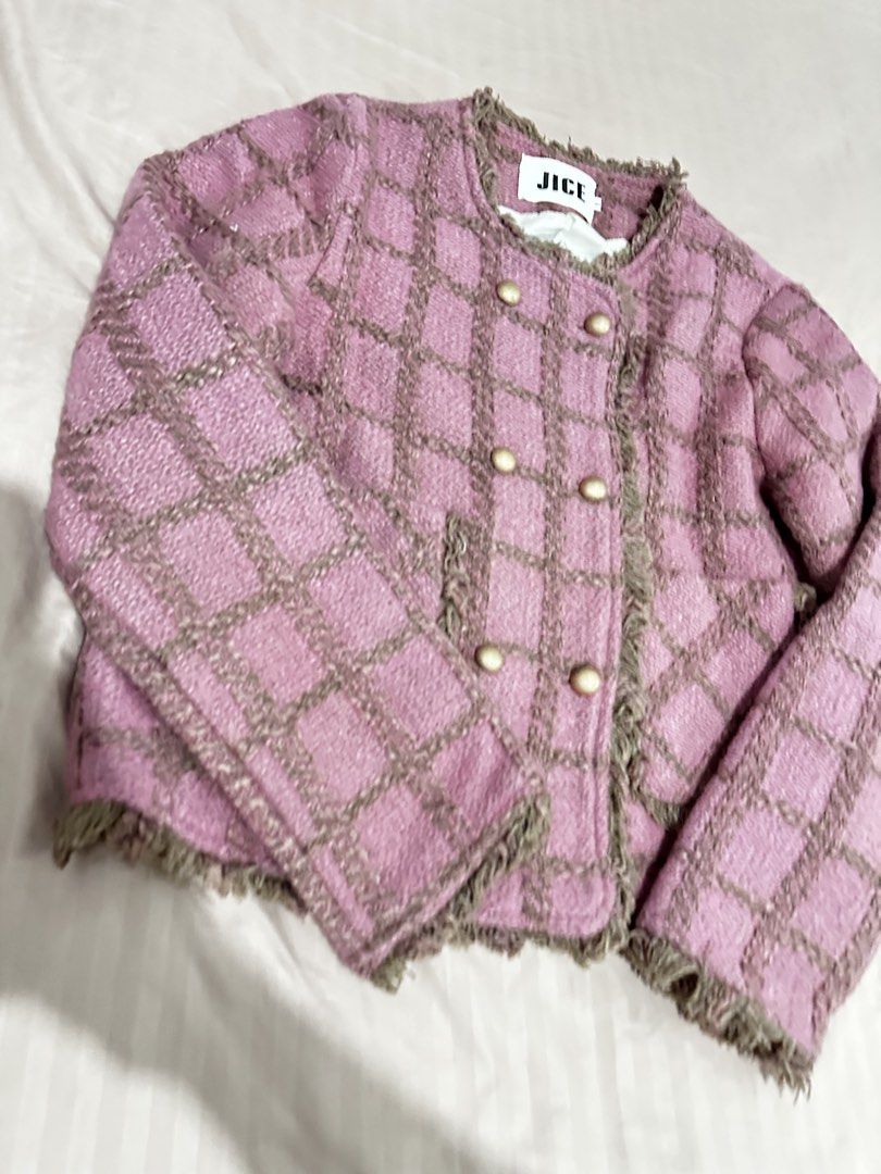 Pink Tweed Checkered Jacket Double Breasted (Category: Coats, Jackets and Outerwear) located in Manila. Submitted by everythingsale101 (Listing ID 1466447153, Image 2). Description: - Pink tweed jacket with brown checkered pattern - Double-breast front closure with round gold-toned buttons - Stylish textured fringe trim on collar, placket, and hem - Classic cropped cut with round neckline and long sleeves - Structured, premium-quality fabric - Pe