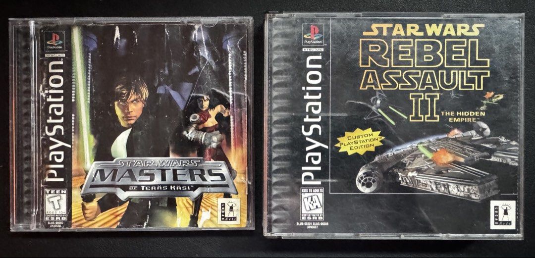 PlayStation (PS1) Games - Star Wars NTSC-U/C Bundle (Category: PlayStation) located in Taytay. Submitted by liekoi08 (Listing ID 1466431770, Image 1). Description: NOTE: FOR COLLECTION/ PLAYER'S CONDITION ONLY, MANUAL & CASE FLAWS. For Star Wars fans and enthusiasts or casual players looking for playable discs, collection or replacement components to complete their existing collection. The manual of Teräs Käsi is damaged, several pages are stuck.
