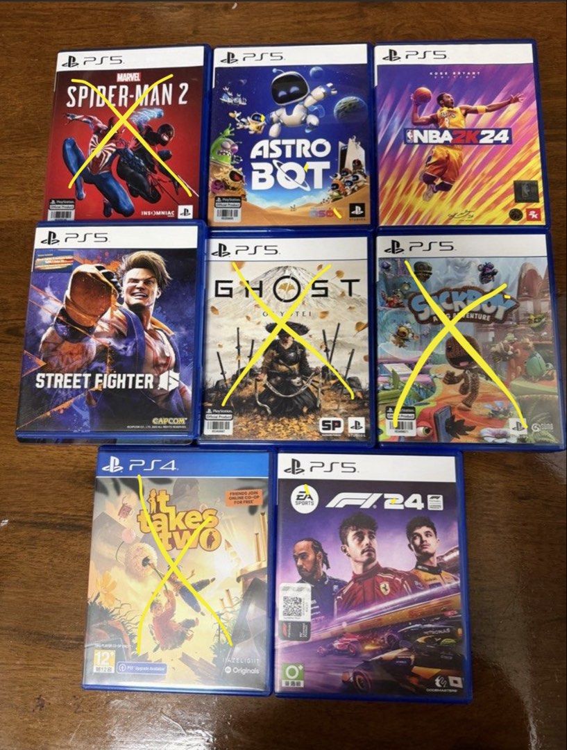 PlayStation PS5 and PS4 Games Bundle (Category: PlayStation) located in Quezon City. Submitted by lou.thriftthings (Listing ID 1466455459, Image 1). Description: FOR SALE: 4,500 BUNDLE (can be lowered if sure buyer) - Astrobot: 2,300 - Street fighter 6: 1,100 - F1 2024: 1K -NBA 2K24: 500 .