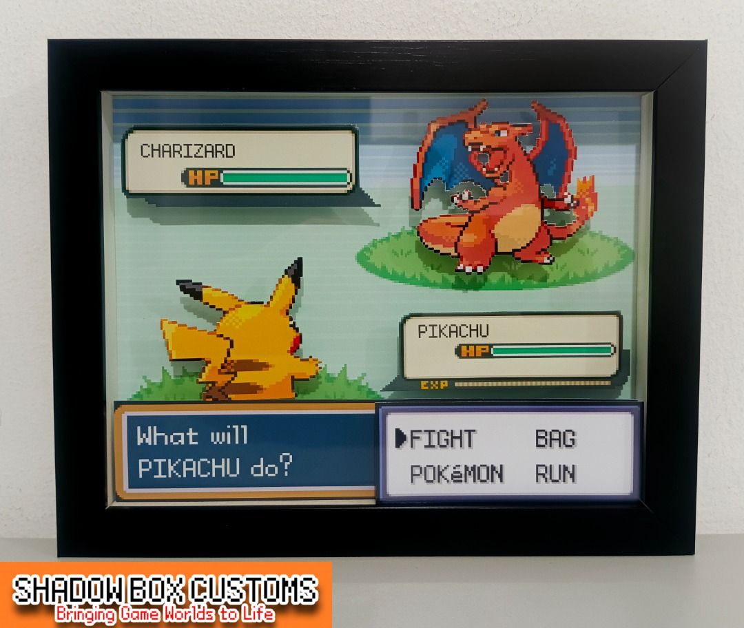 Pokemon Pikachu vs Charizard Battle Shadow Box (Category: Nintendo) located in Quezon City. Submitted by natzuki10 (Listing ID 1466368088, Image 2). Description: Pokemon Pikachu vs Charizard Battle Shadow Box Height: 8 inches Width: 10 inches *Handmade Pixel Shadow Boxes *Accepting Customized Designs *Perfect for Gamers & Collectors #videogames #roomdecor #collection #gamer #gift .