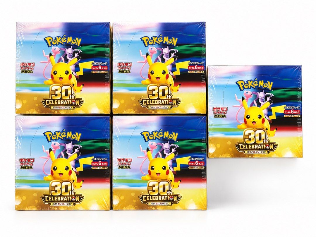 Pokémon 30th Celebration Booster Box Japanese (Category: Card Boxes & Cases) located in Makati City. Submitted by dee_online888 (Listing ID 1466421133, Image 2). Description: Sealed 30th Celebration Futuristic Box and five individual 30th Celebration booster boxes. These Japanese Pokémon TCG products feature iconic artwork including Pikachu, Mew, and Mewtwo. Each box contains packs with random cards, perfect for collectors looking to celebrate th