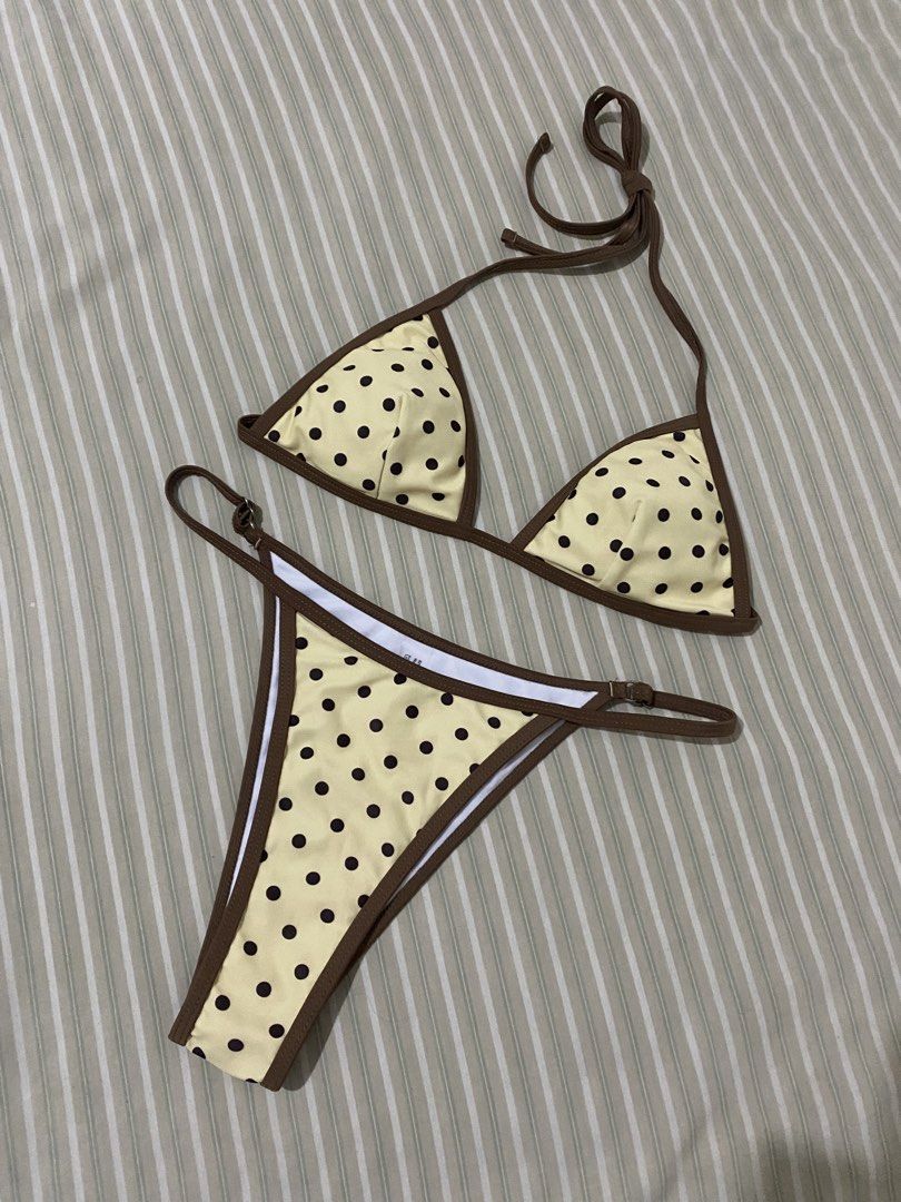 Polka Beige and Brown Bikini Two Piece Adjustable (Category: Bikinis & Swimsuits) located in Taguig. Submitted by ellecl (Listing ID 1466426594, Image 1). Description: - Used once - Size SMALL (keri M adjustable yung bottoms) - SUPER NICE QUALITY .