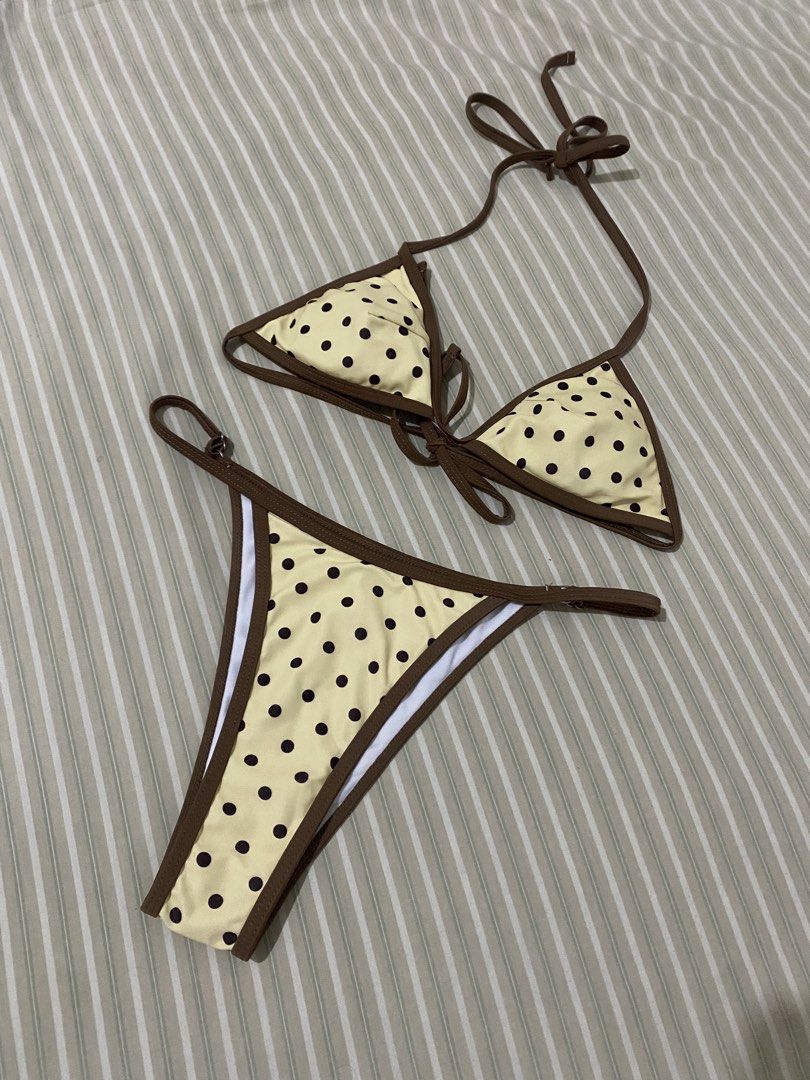 Polka Beige and Brown Bikini Two Piece Adjustable (Category: Bikinis & Swimsuits) located in Taguig. Submitted by ellecl (Listing ID 1466426594, Image 3). Description: - Used once - Size SMALL (keri M adjustable yung bottoms) - SUPER NICE QUALITY .