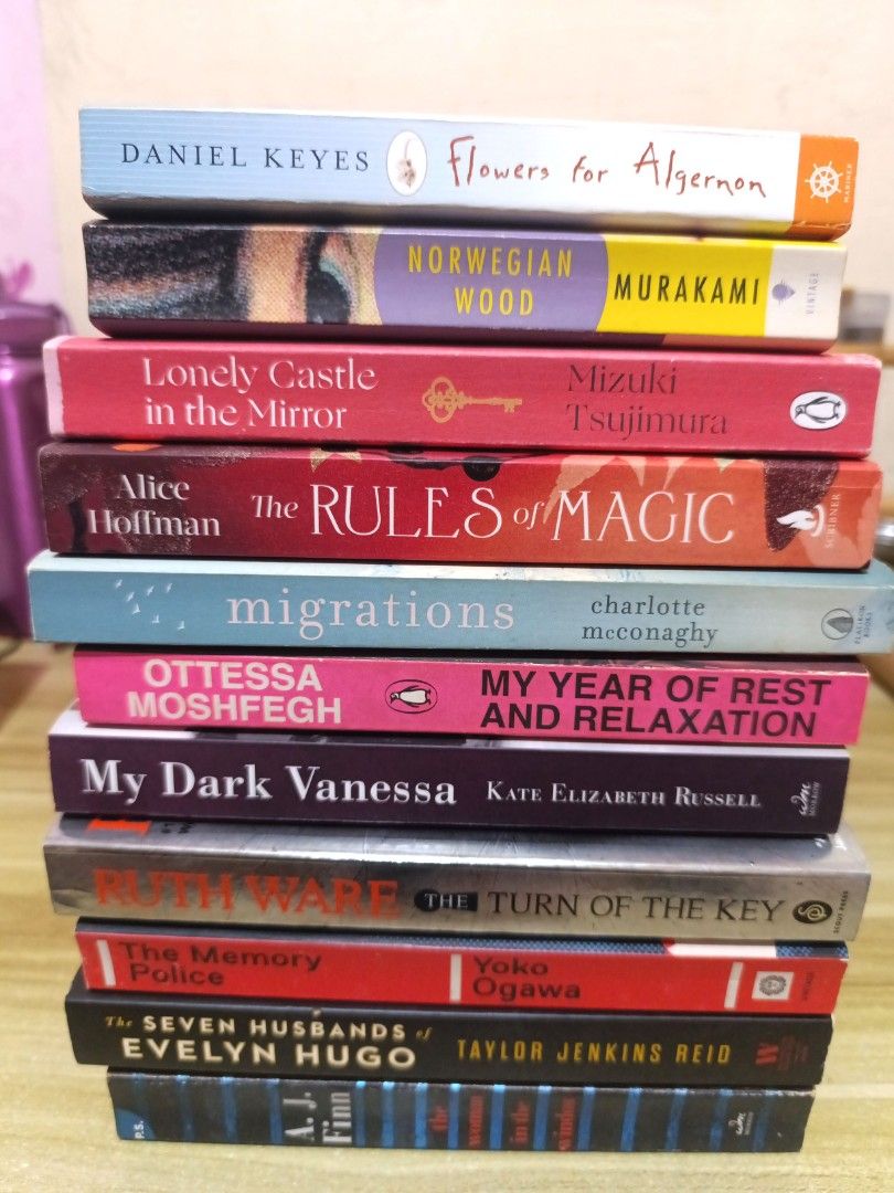 Books for sale! (Category: Storybooks) located in Pasig City. Submitted by sukiyakixo (Listing ID 1466351881, Image 1). Description: Flowers for Algernon sold Norwegian Wood sold Lonely Castle in the Mirror 600 The Rules of Magic 400 Migrations 400 My Year of Rest and Relaxation 400 My Dark Vanessa 500 The Turn of the Key 400 The Memory Police 500 The Seven Husbands of Evelyn Hugo 500 The Woman in the Window 400.