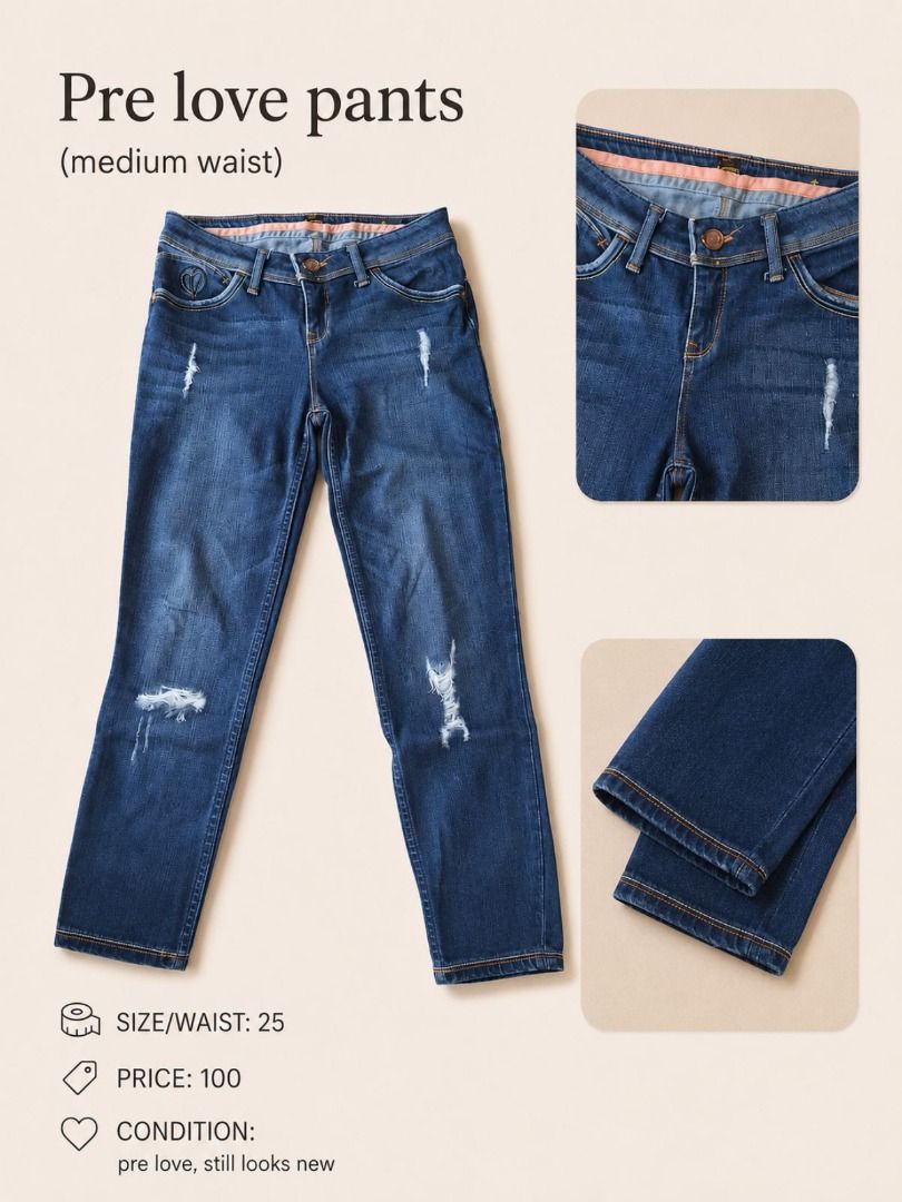 Pre-loved Medium Waist Distressed Denim Pants Size 25 (Category: Jeans) located in Cavite. Submitted by gie_nie_1991 (Listing ID 1466418415, Image 1). Description: - Style: Mid-waist denim pants with a straight cut hem - Wash: Dark blue wash - Details: Distressed accents on both legs and a cute pink inner waistband lining - Size: Waist 25 - Condition: Clean, well-maintained, and gently used.