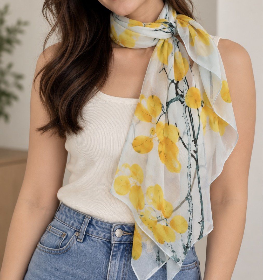 Pre-loved scarf yellow blue nature (Category: Scarves) located in Cavite. Submitted by kayeannne (Listing ID 1466403215, Image 1). Description: RFS: Decluttering.