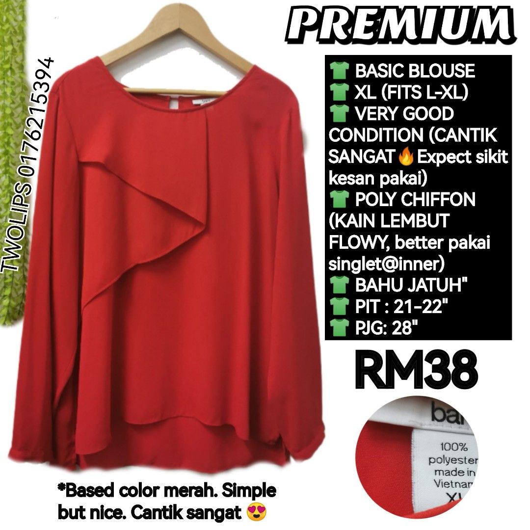 PREMIUM CHIFFON BASIC BLOUSE (Category: Blouses) located in Sepang. Submitted by twolips.wardrobe (Listing ID 1466356231, Image 1). Description: FREE POSTAGE SEMENANJUNG ✔️ SS POSTAGE + RM15 ❤️❤️❤️❤️❤️❤️❤️❤️ PLEASE BACA SEBELUM BELI: ❤️ ADA 7 OWNER BAJU DALAM NI. 2 admin ❤️ BAJU DARI PELBAGAI SOURCES (ada new item/ warehouse sale/ custom/preloved / yang tak berkenan beli kat seller lain pun akan diletgo semula di sini, etc) ❤️ TAK SESUAI UNTUK FU