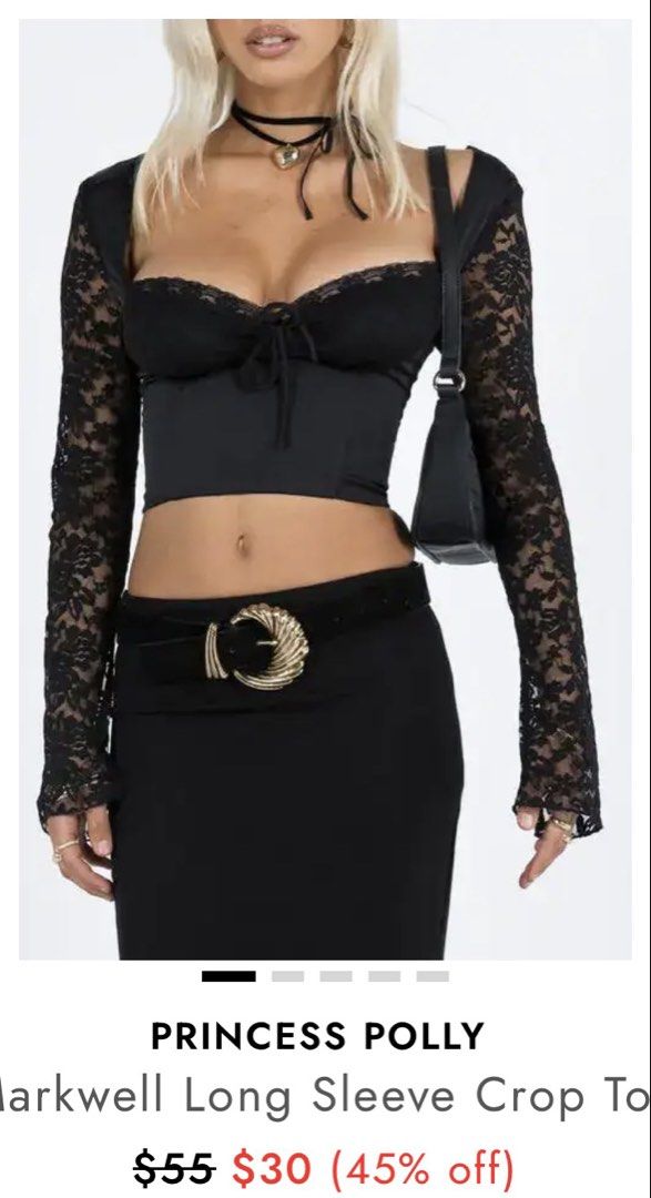 Princess Polly Long Sleeve Crop Top (Category: Longsleeves) located in Santa Rosa. Submitted by paupaocollection (Listing ID 1466523951, Image 2). Description: - Brand: Princess Polly (Larkwell Top) - Color: Black - Material: Satin body with sheer lace sleeves - Details: Square neckline, lace trim on bust, front zip closure, tie-up front, and adjustable back ties. Size 14 Bust 36 Waist 32 - Original Retail Price: ~$30 (approx. ₱1,700) - Condition