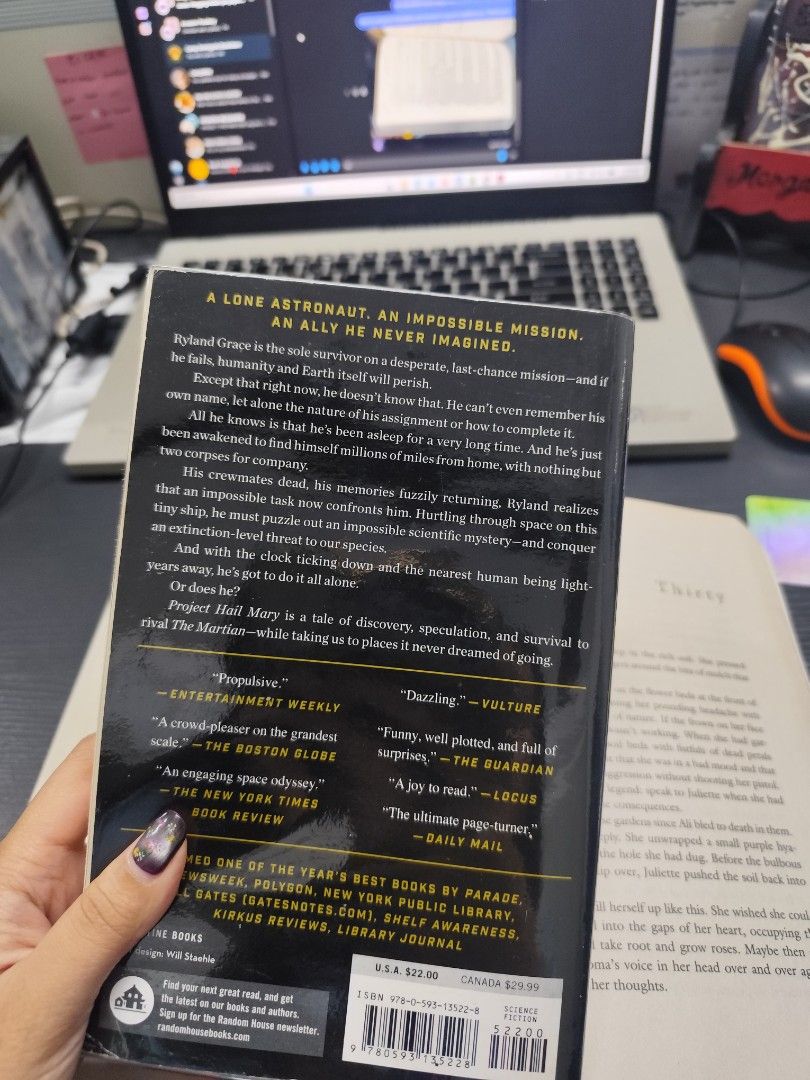 Project Hail Mary by Andy Weir Paperback (Category: Storybooks) located in Iloilo. Submitted by icedmatcha333 (Listing ID 1466368075, Image 2). Description: - Title: Project Hail Mary paperback novel - Author: Andy Weir (author of The Martian) - Status: Bestseller sci-fi, soon to be a major movie starring Ryan Gosling - Condition: Read once, clean pages, minor shelf wear on cover edges - Perfect for: Sci-fi book lovers and collectors.