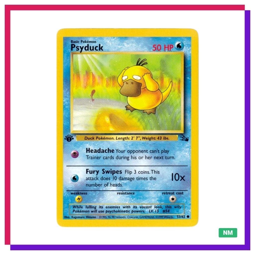 Psyduck 53/62 (Category: Raw Singles) located in Quezon City. Submitted by sherylneri (Listing ID 1466475896, Image 1). Description: 1999 Pokemon Base Set - Psyduck (1st Edition) | Fossil | 53/62 | EN 💯 Original 💯 Authentic • Card condition is indicated in the photo. (MT) Mint (NM) Near Mint (EX) Excellent (GD) Good (PR) Poor • Can send additional photos/videos upon request. • Manage your expectations for vintage cards. • ALL CARDS are sleeved 