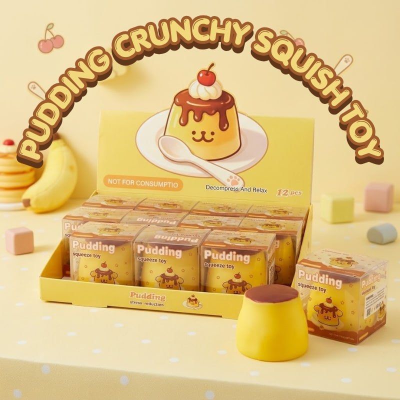 Pudding Crunchy Squish Toy Stress Relief (Category: Looking For) located in Quezon City. Submitted by tanyachoa (Listing ID 1466340112, Image 1). Description: - Adorable yellow pudding design featuring a cute cartoon face and cherry on top - Made with a soft texture and satisfying slow-rising style - Great for stress relief, anxiety reduction, and as a fun desk fidget toy - Each piece comes individually packed in a clear cube display box.