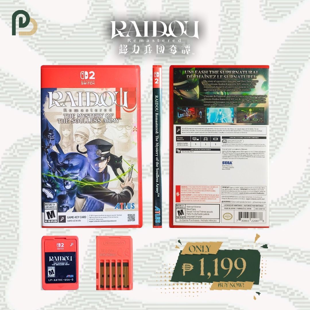 Raidou Remastered Nintendo Switch 2 Game (Category: Nintendo) located in Caloocan City. Submitted by pixel_bros (Listing ID 1464450454, Image 1). Description: FOR SALE @ Pixel Bros Raidou Remastered: The Mystery of the Soulless Army (USED CODE) – ₱1,199 ㅤ 💚💛 BUNDLE DEALS 💛💚 BUY 2 GAMES: ₱100 OFF your total OR FREE shipping via LBC/J&T BUY 3 GAMES: ₱100 OFF your total AND FREE shipping via LBC/J&T BUY 4 OR MORE GAMES: Additional ₱100 OFF for e