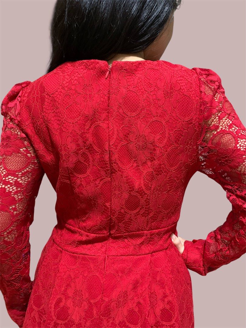 Red Lace Dress Long Sleeve (Category: Dresses) located in Manila. Submitted by meimei6767 (Listing ID 1466434427, Image 3). Description: - Fit to Small to medium - Color & Style: Vibrant red lace, knee-length fit and flare cut - Sleeves: Long sheer lace sleeves with flower accent at the cuff - Details: Matching fabric bow at the side waist, round neckline, back zipper closure - Condition: Worn once, very clean and well-maintained.