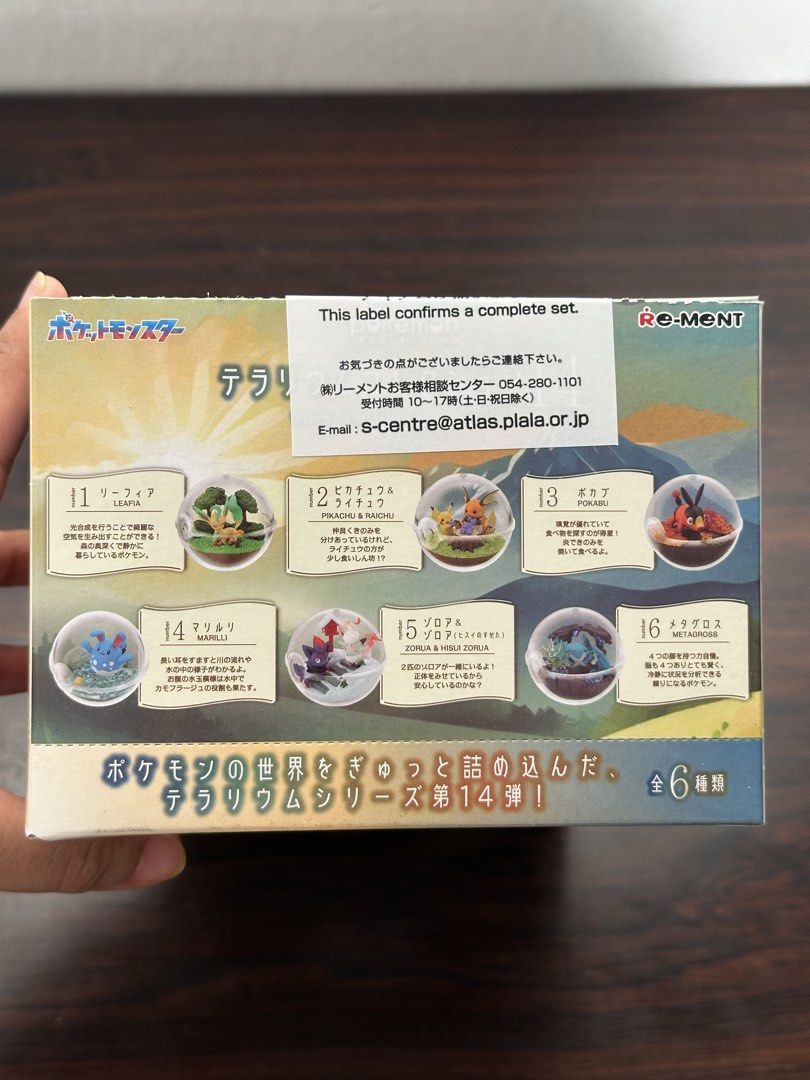Re-Ment Pokemon Terrarium Collection 14 Complete Box Set (Category: Designer & Blind Box Toys) located in Cavite. Submitted by debbieafrica (Listing ID 1466427687, Image 2). Description: Full display box of Re-Ment Pokemon Terrarium Collection 14. Includes all 6 different miniature figures featuring Leafeon, Pikachu and Raichu, Tepig, Marill, Zorua and Hisuian Zorua, and Metagross. Unopened packaging with complete set guaranteed by the store labe