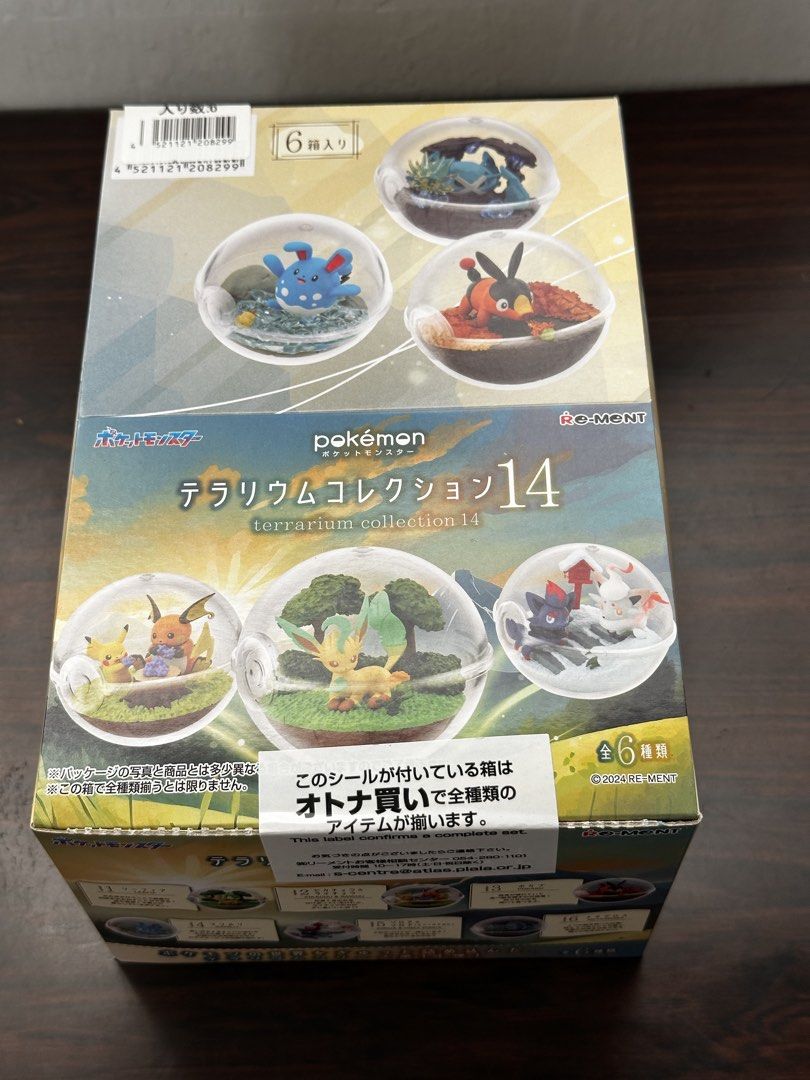 Re-Ment Pokemon Terrarium Collection 14 Complete Box Set (Category: Designer & Blind Box Toys) located in Cavite. Submitted by debbieafrica (Listing ID 1466427687, Image 1). Description: Full display box of Re-Ment Pokemon Terrarium Collection 14. Includes all 6 different miniature figures featuring Leafeon, Pikachu and Raichu, Tepig, Marill, Zorua and Hisuian Zorua, and Metagross. Unopened packaging with complete set guaranteed by the store labe