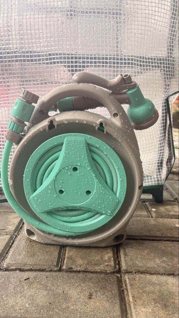 Retractable Garden Hose Reel with Multi-Spray Nozzle (Category: Hose and Watering Devices) located in Quezon City. Submitted by zerowasteMNL (Listing ID 1466396524, Image 3). Description: Retractable water hose for sale 6 Function Sprayer Features a high pressure gun head, adjustable six different shapes nozzle Spray distance: ~10m Water pressure: ~0.2-0.4MBA Length: 15 meter / 20 meter Hose pipe outer diameter: ~11mm Hose pipe inner diameter: ~9